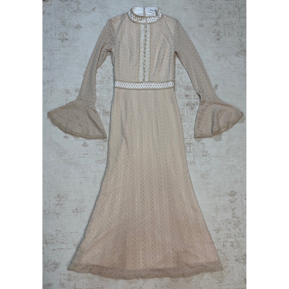 Elliatt Beige Lace Maxi Dress Pearl Button Bell Sleeve Formal Gown XS